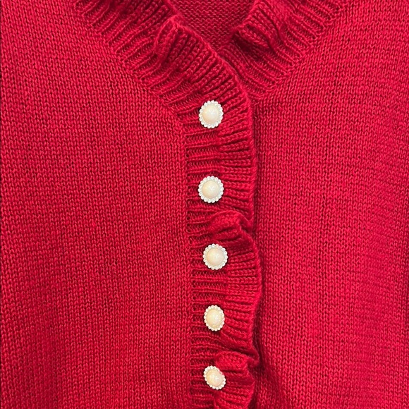 Red Ruffled Button-Up Sweater - Picture 2 of 6